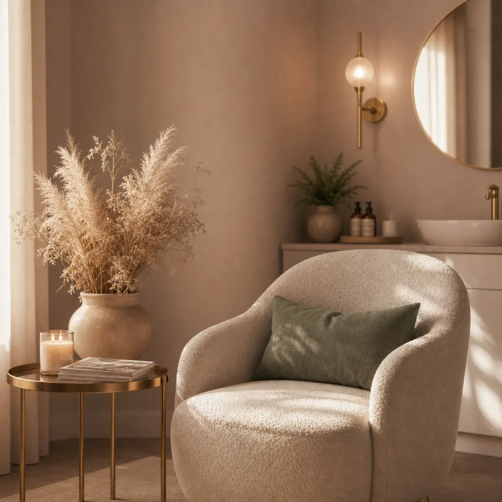 Rincón de la sala de espera del estudio con sillón crema y decoración cálida
