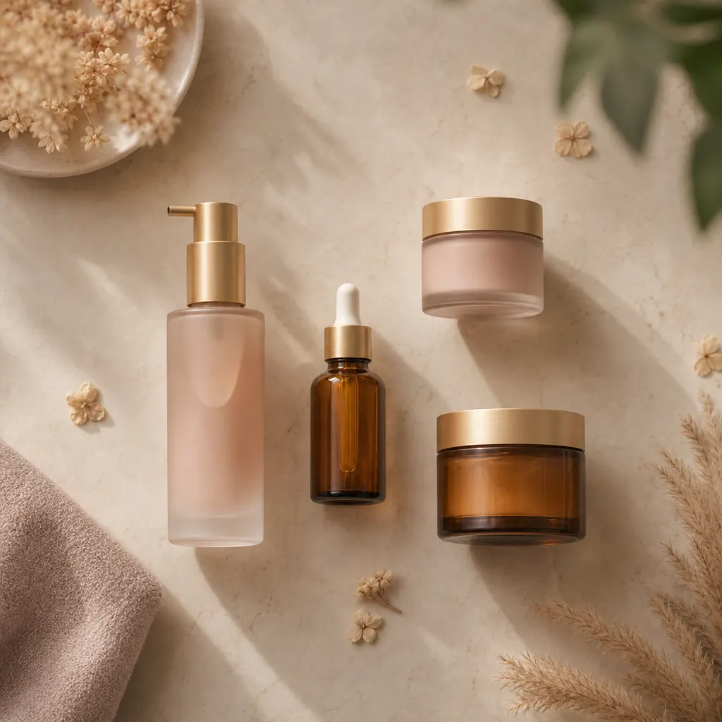 Composición de productos de belleza premium sin marca sobre mármol claro