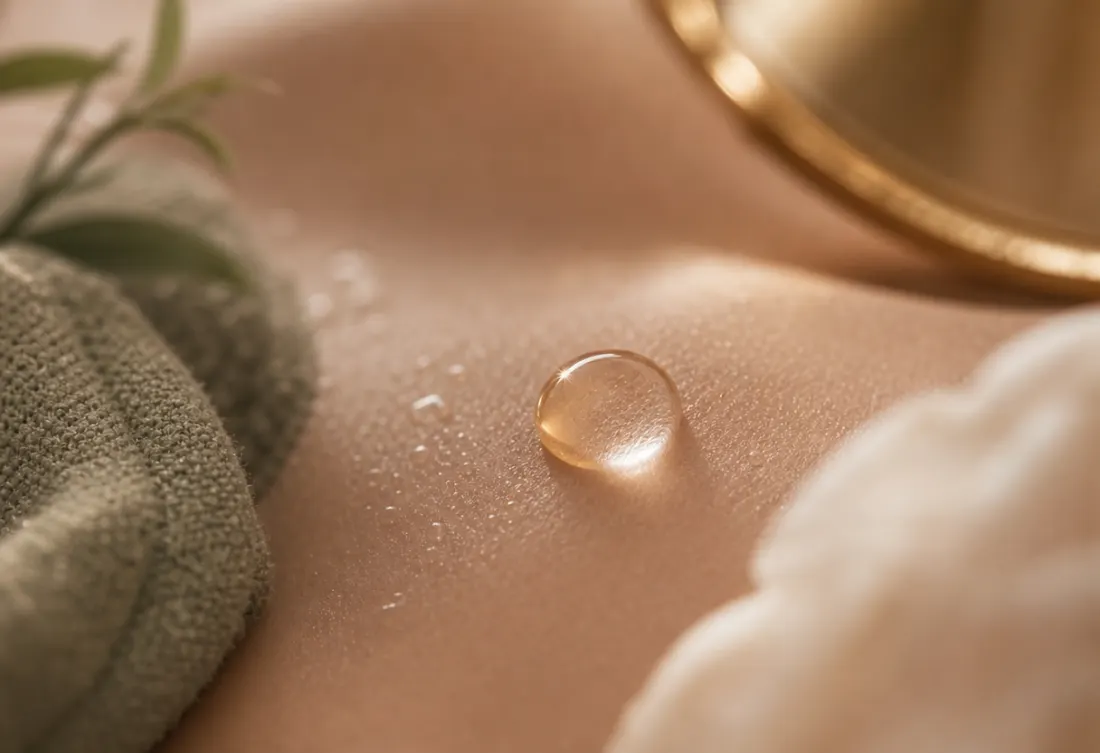 Primer plano de piel luminosa e hidratada con una gota de sérum